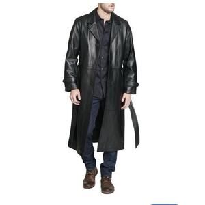 Vericci Man Men's Black Genuine Leather Full Length Belted Trench Coat size XL
